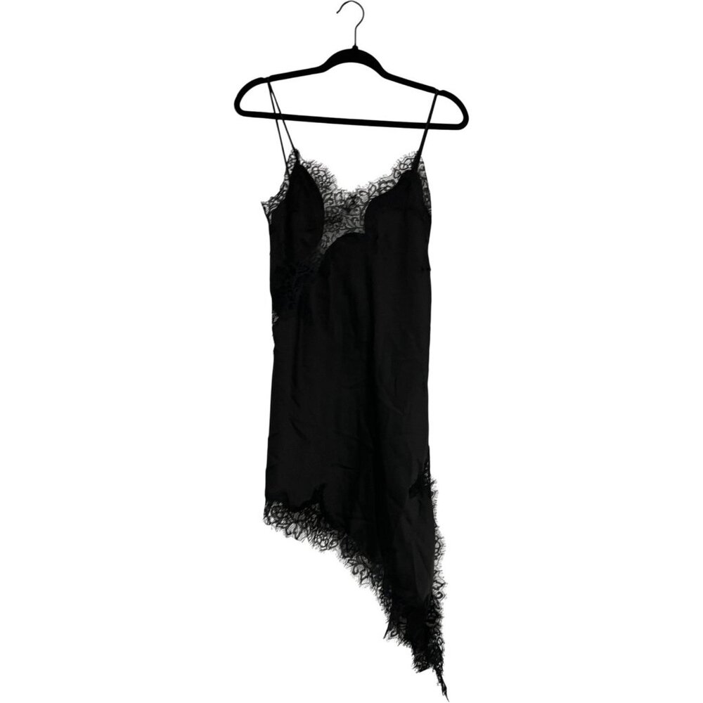 Zara Womens Slip Dress S Black Satin Asymmetric Floral Trim Lace 5919/200 NWOT